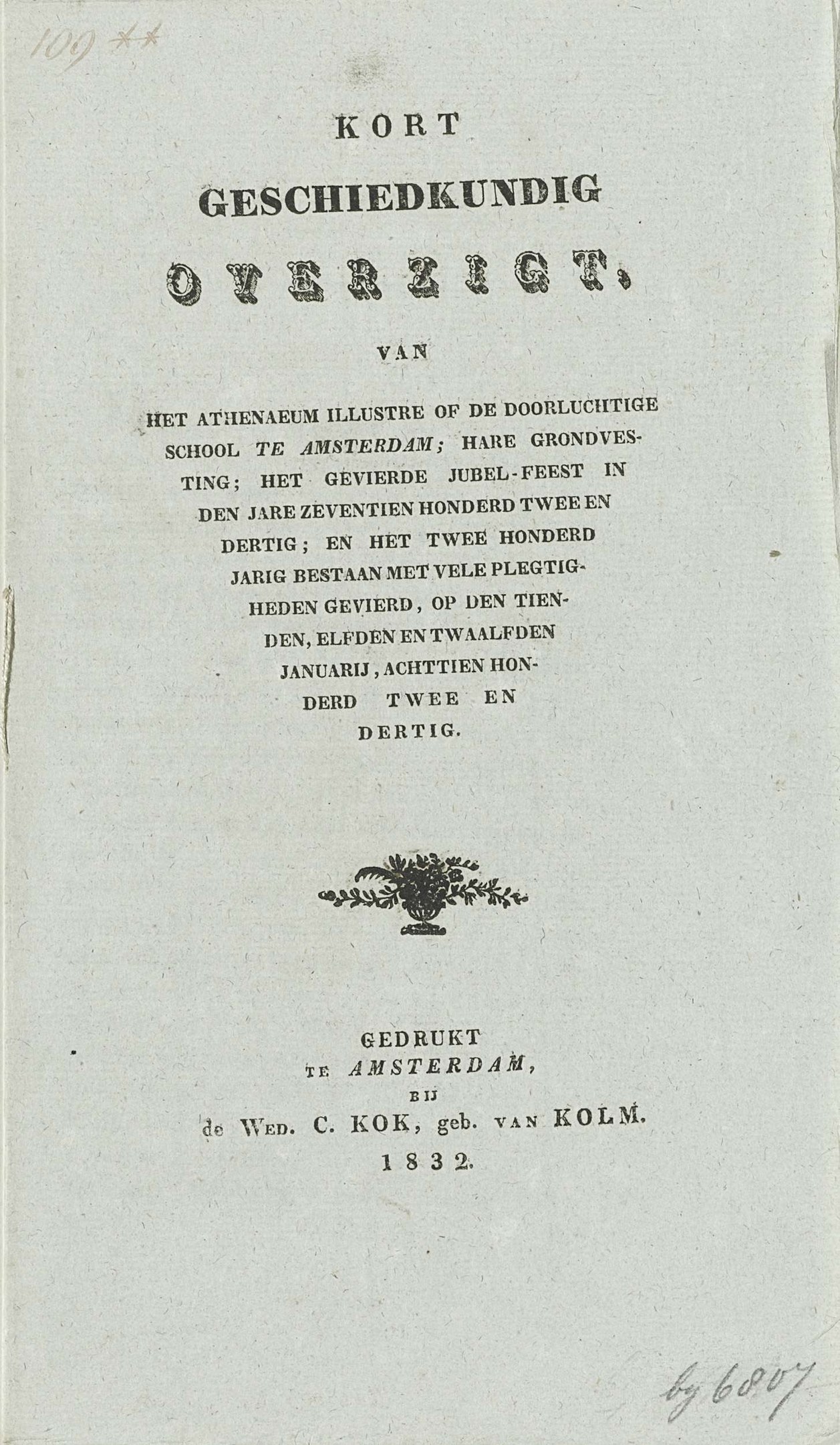 Old book titled "Kort Geschiedkundig Overzicht" dated 1832 with a black and white portrait of a man on the cover.