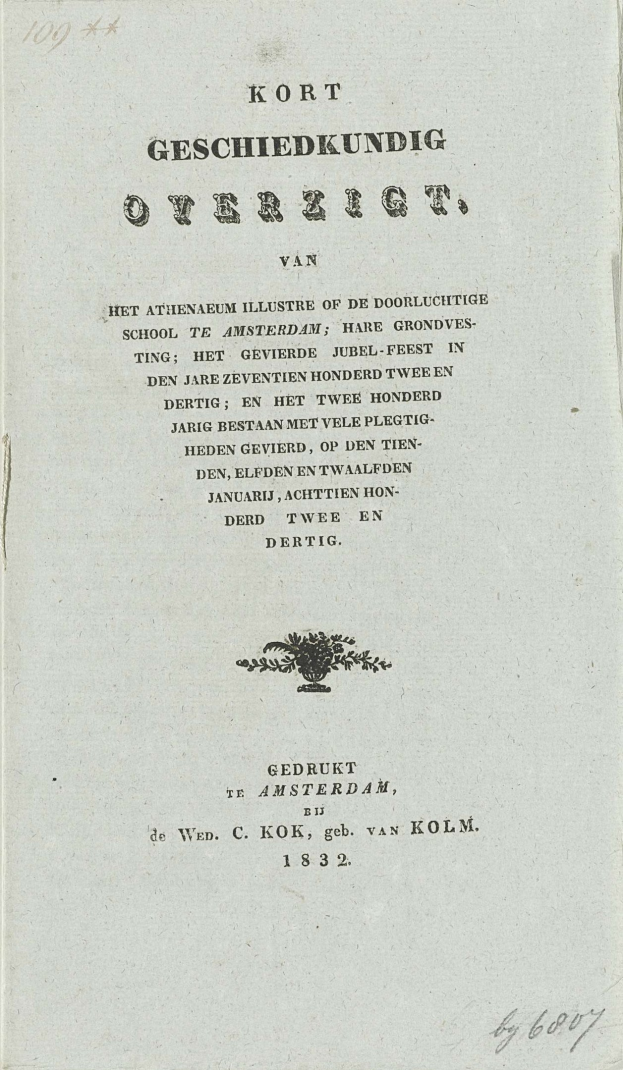 Old book titled "Kort Geschiedkundig Overzicht" dated 1832 with a black and white portrait of a man on the cover.