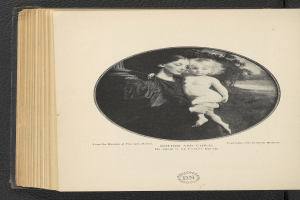 Ein aufgeschlagenes Buch mit einem Bild einer Frau, die ein Baby im Arm hält, beide mit glücklichen Ausdrücken, und der Text 'Mutter und Kind' auf der Seite.