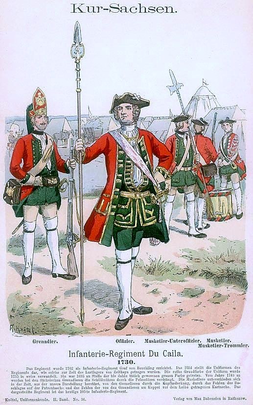 Group of men in 18th-century military uniforms standing together, one holding a rifle, with tents and grass in the background and the text "Infanterie-Regiment du Cailla 1730" at the bottom.