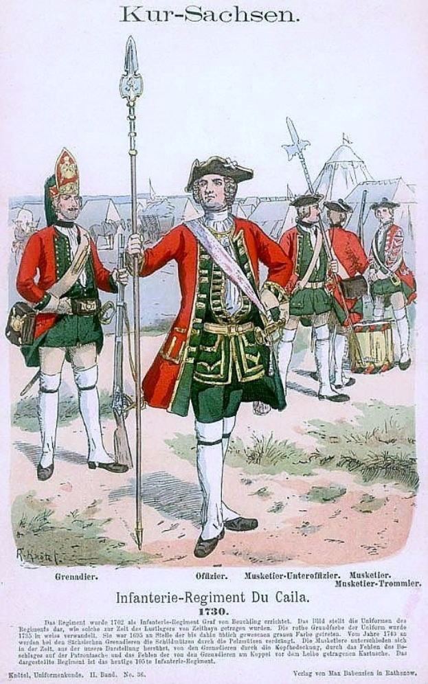 Group of men in 18th-century military uniforms standing together, one holding a rifle, with tents and grass in the background and the text "Infanterie-Regiment du Cailla 1730" at the bottom.