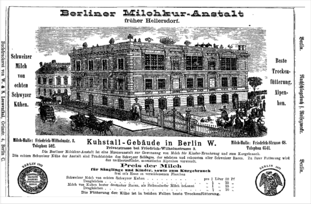 Black and white advertisement for a building in Berlin, Germany, featuring text on the structure.