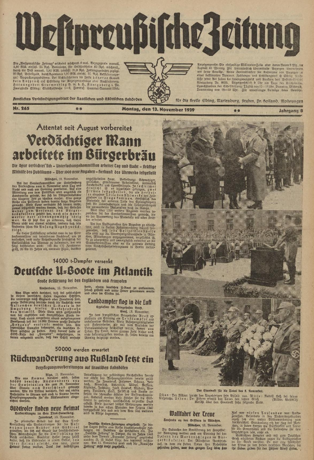 Black-and-white front page of a German newspaper dated November 13, 1939, titled "Weitpreubliche Zeitung," featuring a group of people in traditional German attire in a celebratory setting.