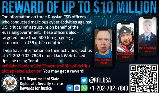 Poster offering up to $10 million for information, featuring images of three Russian FSB officers, logos, and a QR code at the bottom.