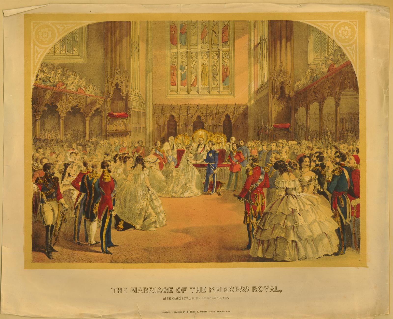 A group of people standing in front of a wall with framed photographs, with text at the bottom reading "The Marriage of The Princess Royal".