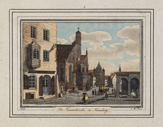 Painting of a city street with the Frauenkirche in Nuremberg in the background, surrounded by buildings with windows, people, carts, and a cloudy sky, with the text "The Frauenkirche in Nuremberg" at the bottom.
