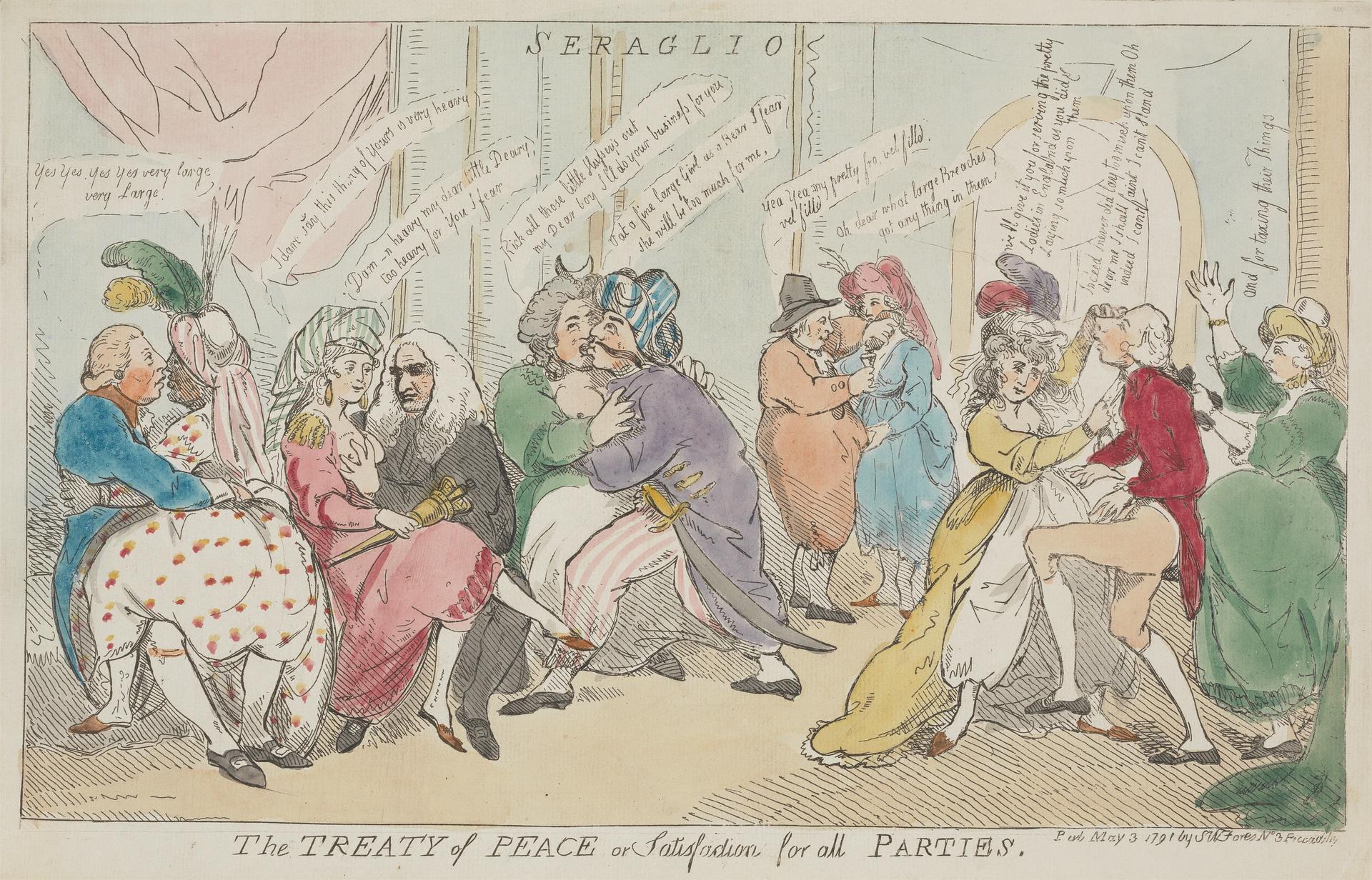 Eine handgezeichnete Skizze auf Papier, die eine gemischte Gruppe sitzender und stehender Menschen zeigt, mit dem Text "Der Friedensvertrag für alle Parteien" sichtbar, was eine Diskussion über den Vertrag andeutet.