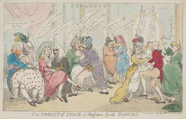 Eine handgezeichnete Skizze auf Papier, die eine gemischte Gruppe sitzender und stehender Menschen zeigt, mit dem Text "Der Friedensvertrag für alle Parteien" sichtbar, was eine Diskussion über den Vertrag andeutet.