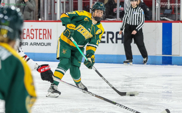 Gruppe junger Männer in Eishockey-Ausrüstung beim Spiel auf einem Eisstadion mit Zuschauern im Hintergrund.