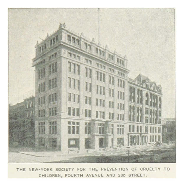 Poster of the New York Society for the Prevention of Cruelty to Children at Fourth Avenue and 23rd Street, showing a building with windows, trees, and a sky in the background, with text at the bottom.