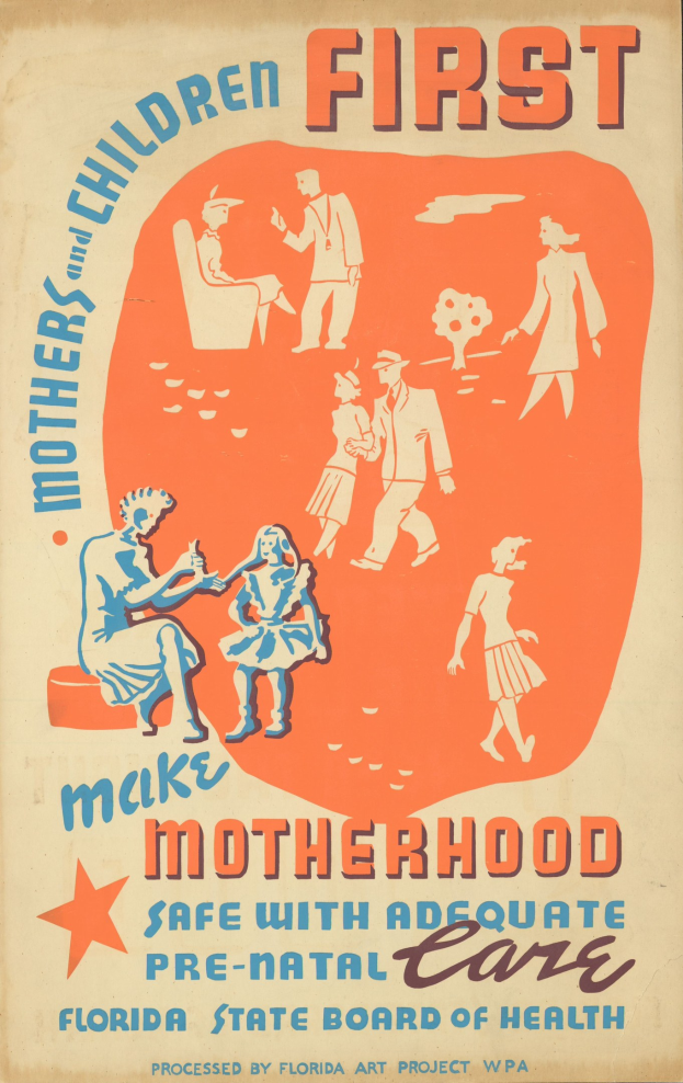 Plakat mit fetter weißer Schrift "Mutterschaft sicher machen mit ausreichender pränataler Betreuung" auf hellem blauem Hintergrund, das verschiedene lachende Menschen unterschiedlichen Alters, Geschlechts und Ethnien zeigt.