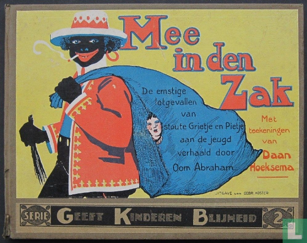 Plakat auf schwarzem Hintergrund mit dem Text "mee in den zak" und einem Bild einer Person mit weißem Hemd und blauem Hut, die verschmitzt aussieht.