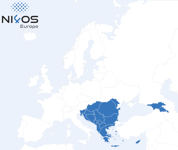 A map of Europe with provinces highlighted in blue and the text "Nixos Europe" in the top left corner.