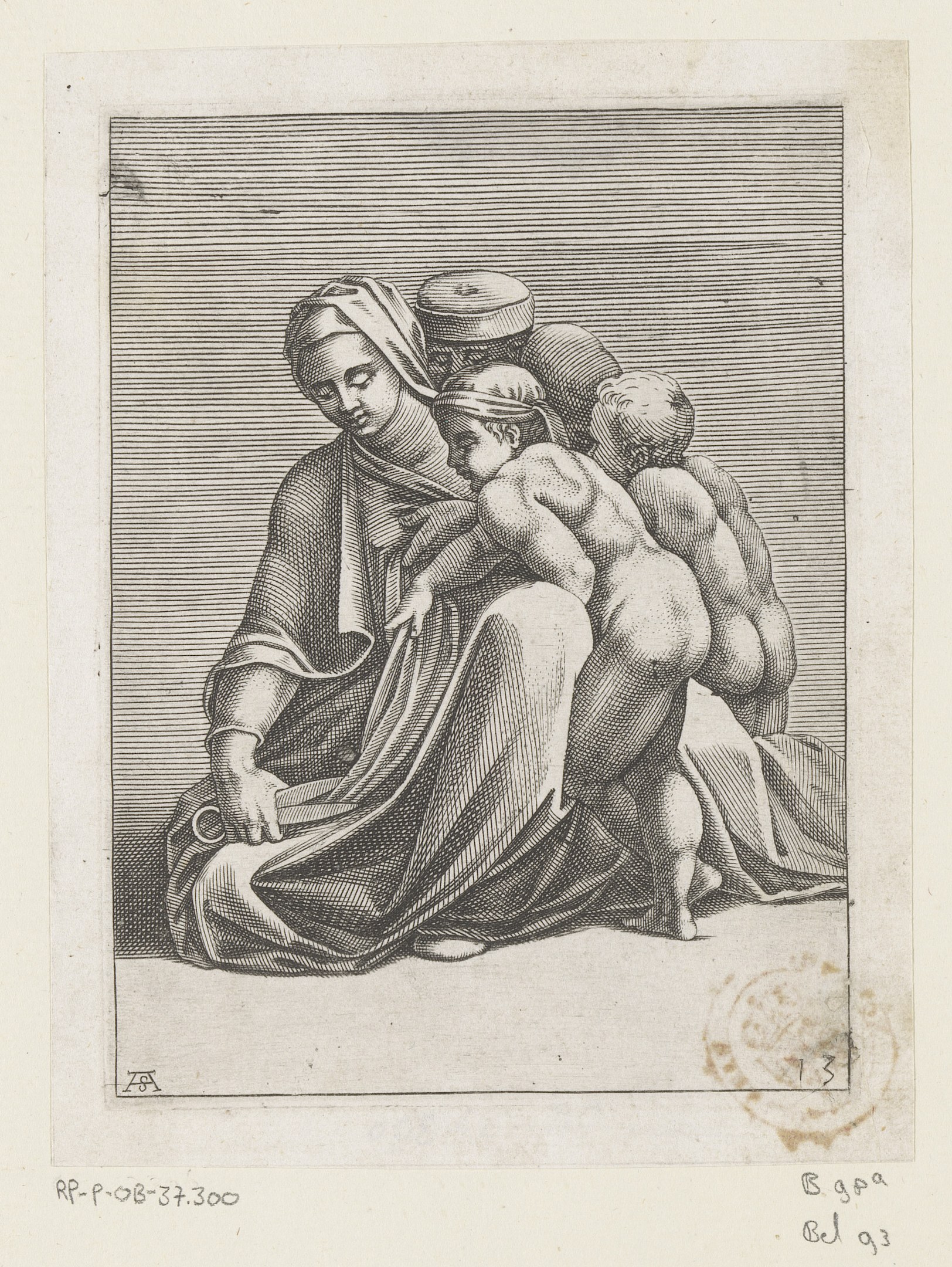 Black and white engraving of a woman holding a child, with a human face in the center, both displaying gentle expressions.