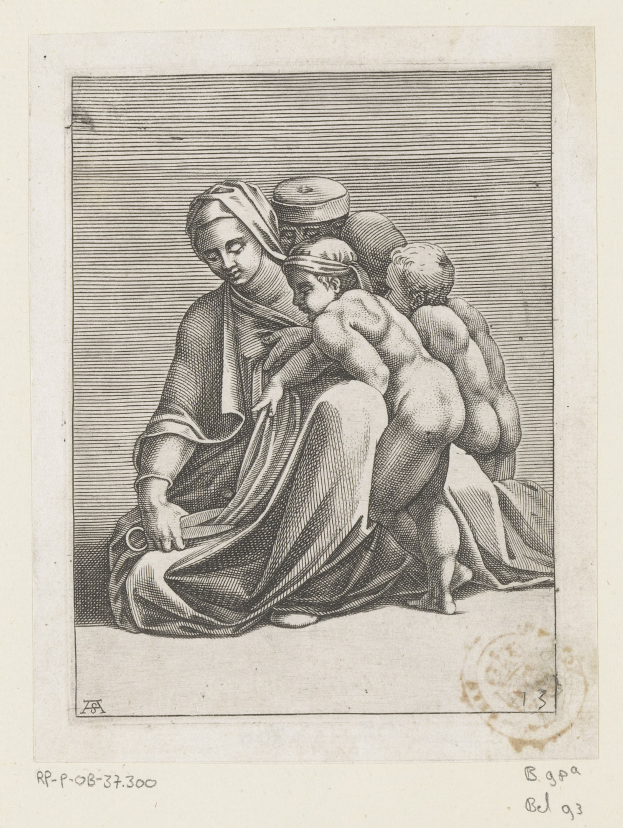 Black and white engraving of a woman holding a child, with a human face in the center, both displaying gentle expressions.