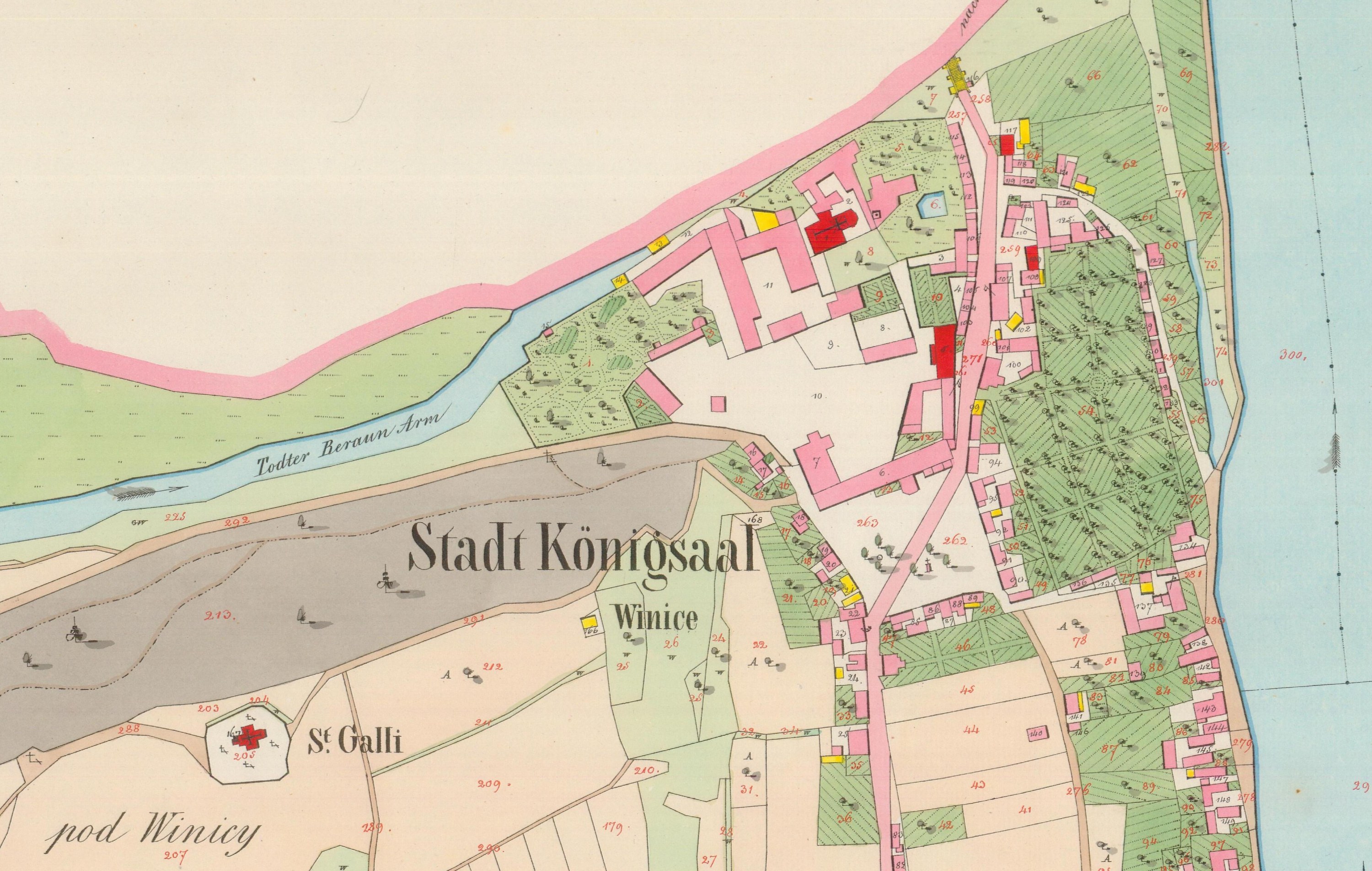 Detailed old map of Stadt Königsal city, displaying streets, buildings, and landmarks with text annotations.