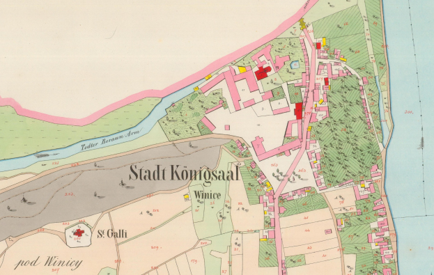 Detailed old map of Stadt Königsal city, displaying streets, buildings, and landmarks with text annotations.