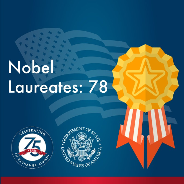 Plakat mit der Aufschrift "Nobelpreisträger 78", das das Siegel der Vereinigten Staaten von Amerika mit einem Stern und einem Lorbeerkranz in schwarzer, fetter Schrift zeigt.