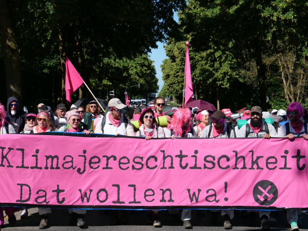 Eine Gruppe von Menschen marschiert auf einer Straße, hält eine pinkfarbene 'Women's March'-Fahne, wobei einige eine Mütze und eine Schutzbrille tragen und andere Fahnen halten, vor einem Hintergrund aus Bäumen und einem klaren blauen Himmel.