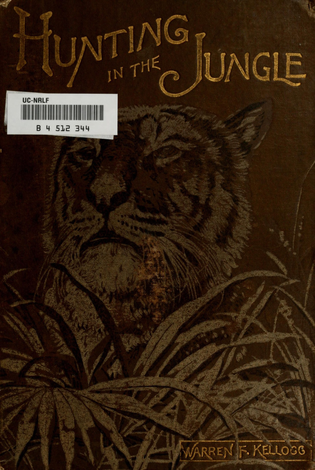 Ein Buchumschlag mit einem Tiger mit tiefem Orangeton, der in hohem Gras steht und von dichter grüner Vegetation umgeben ist, mit dem Titel "Jagd im Dschungel" und einem Strichcode unten.