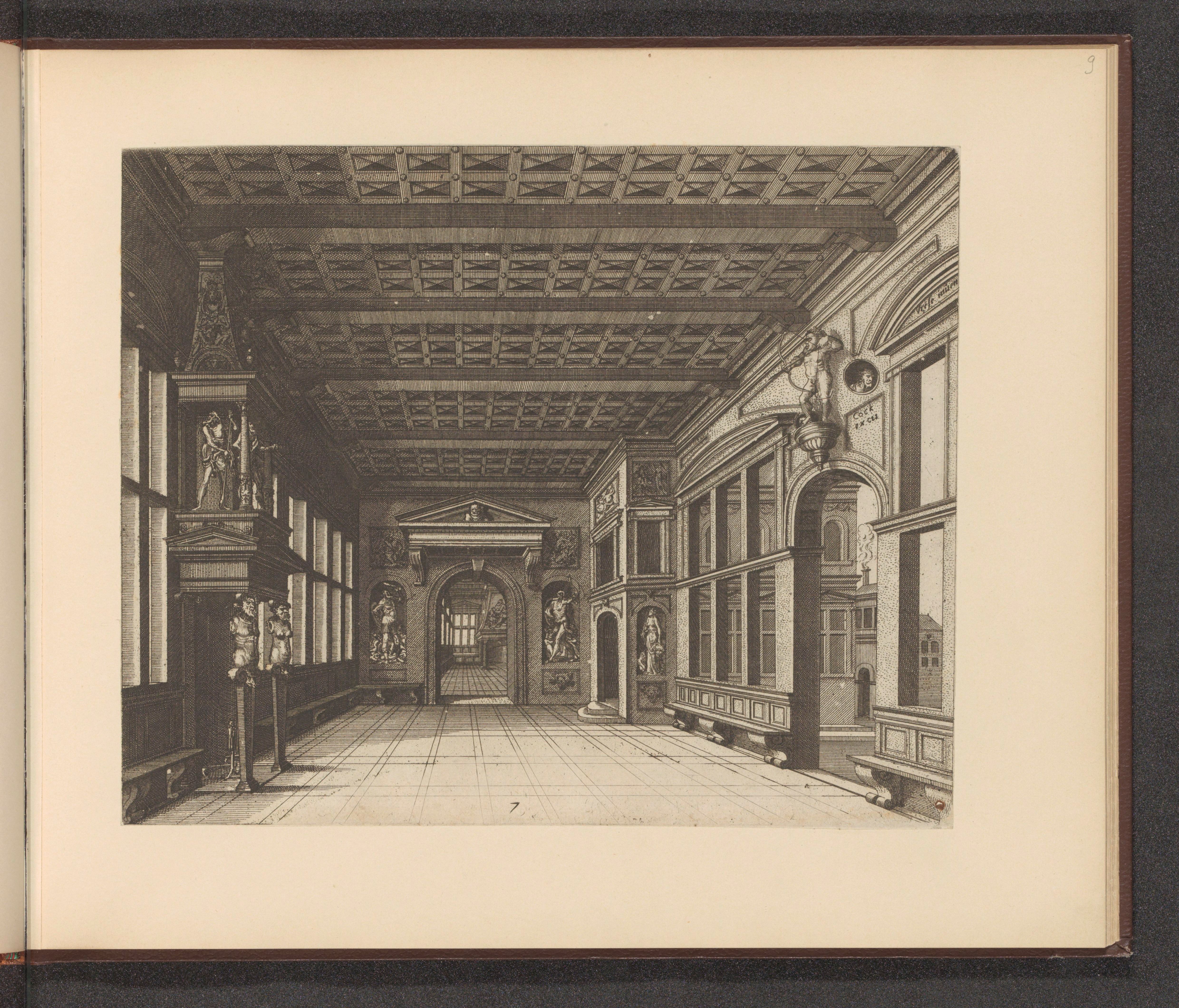 Ein aufgeschlagenes Buch mit einer Schwarz-Weiß-Zeichnung eines Zimmers, das mit Skulpturen, Fenstern und einer Decke gefüllt ist.