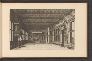 Ein aufgeschlagenes Buch mit einer Schwarz-Weiß-Zeichnung eines Zimmers, das mit Skulpturen, Fenstern und einer Decke gefüllt ist.