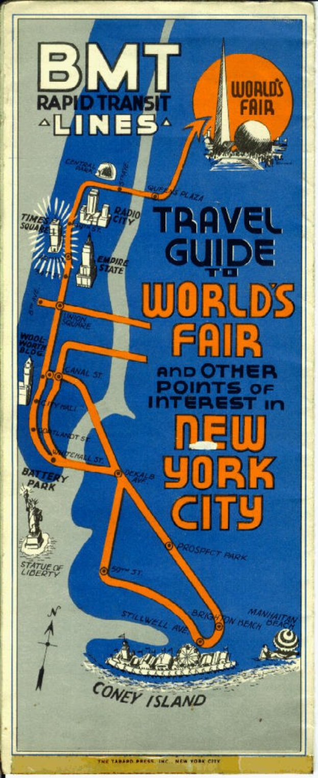 Ein Plakat mit einer Karte der Weltausstellung New York 1964 und Textinformationen über das Ereignis und seine Attraktionen.