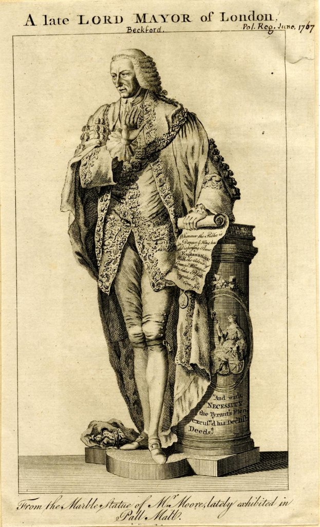 Late Lord Mayor of London standing on a pedestal holding a document, dressed in formal robe and hat, with a stern expression, hands clasped, looking to the side.