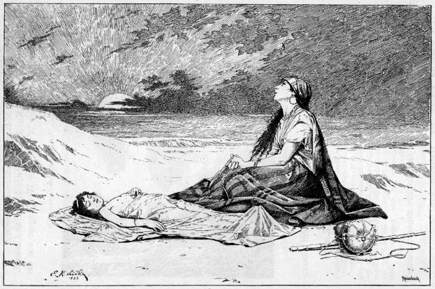 A woman in a long dress sits beside a man lying on his back on a beach, with trees and sky in the background and text at the bottom reading "E.K. Ritchie's illustration of the death of a woman."