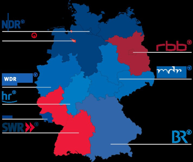 Eine Deutschlandkarte mit Bundesländern in rot und blau, die die Ergebnisse der Wahl 2016 anzeigen, einschließlich der Namen der Kandidaten und weiterer Details zur Wahl.