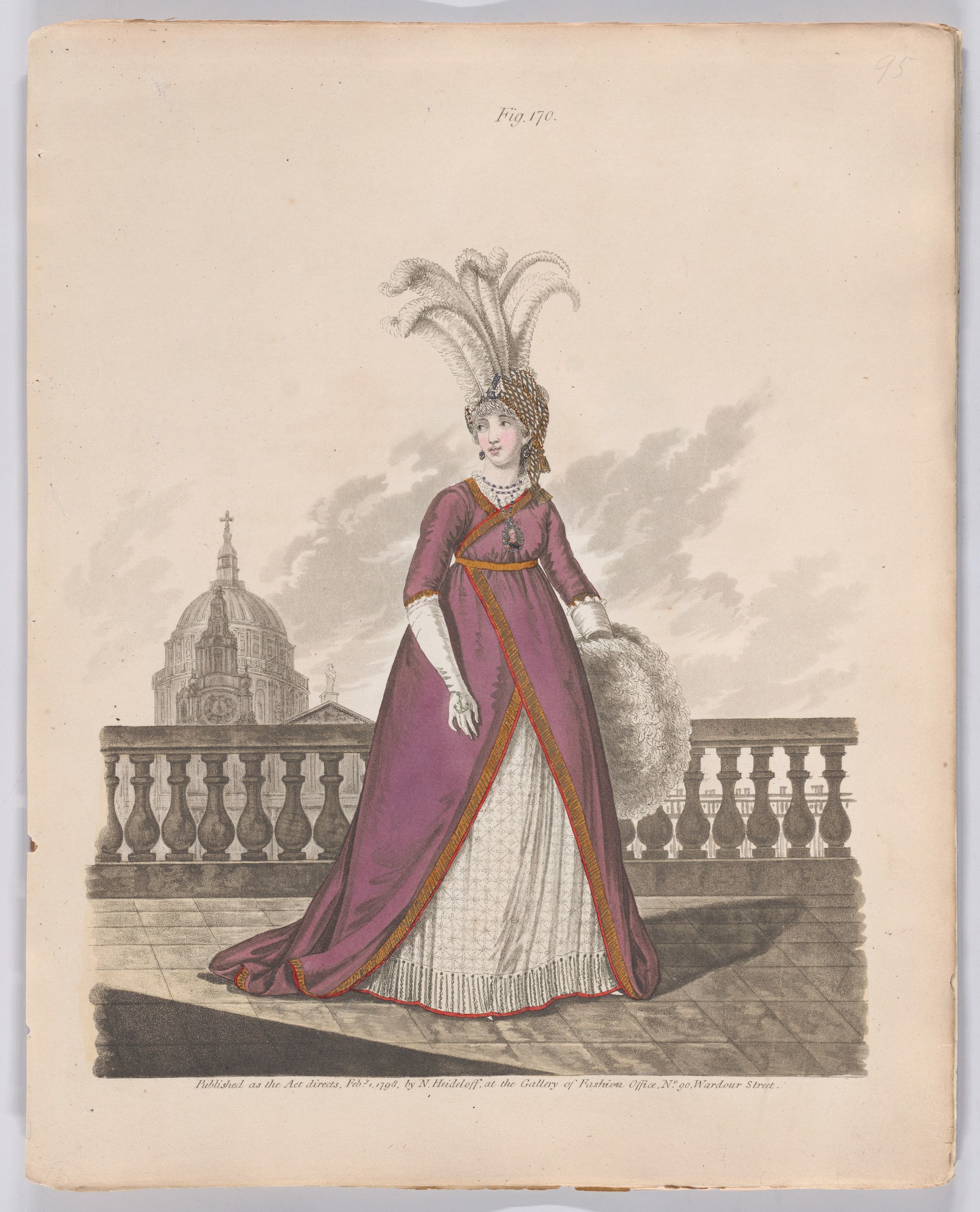 Woman in a purple and white feathered dress standing by a railing with a building and clouds in the background, labeled "Fashion of New York, New York Street, 1790".