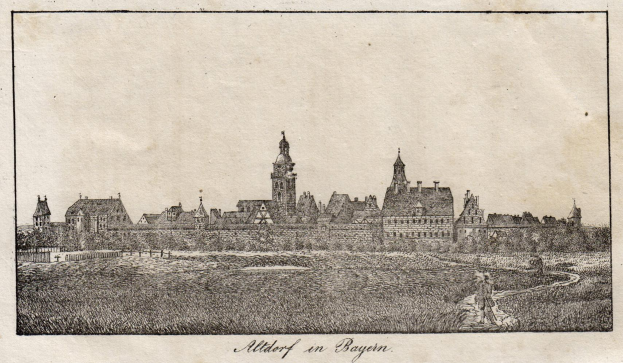 A drawing of a city with a central clock tower surrounded by buildings, trees, and grass, labeled "Alterhof in Bayern" at the bottom.