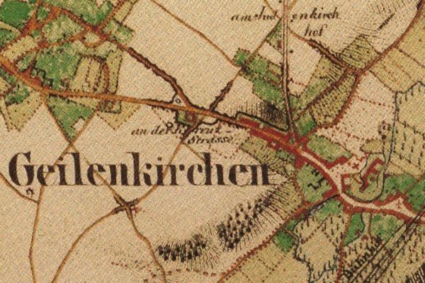 Detailed old map of Geileukirchen, Germany, showing streets, buildings, and landmarks with accompanying text.