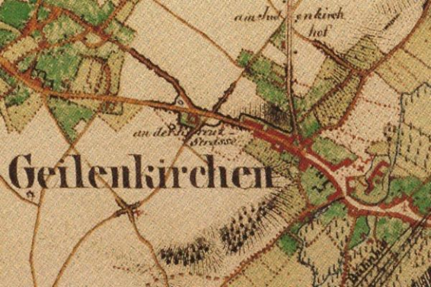 Detailed old map of Geileukirchen, Germany, showing streets, buildings, and landmarks with accompanying text.