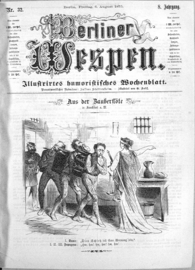 Schwarze und weiße Zeitung mit der Überschrift "Berliner Wespen, August 6, 1875", die eine Gruppe von Menschen in Not zeigt.