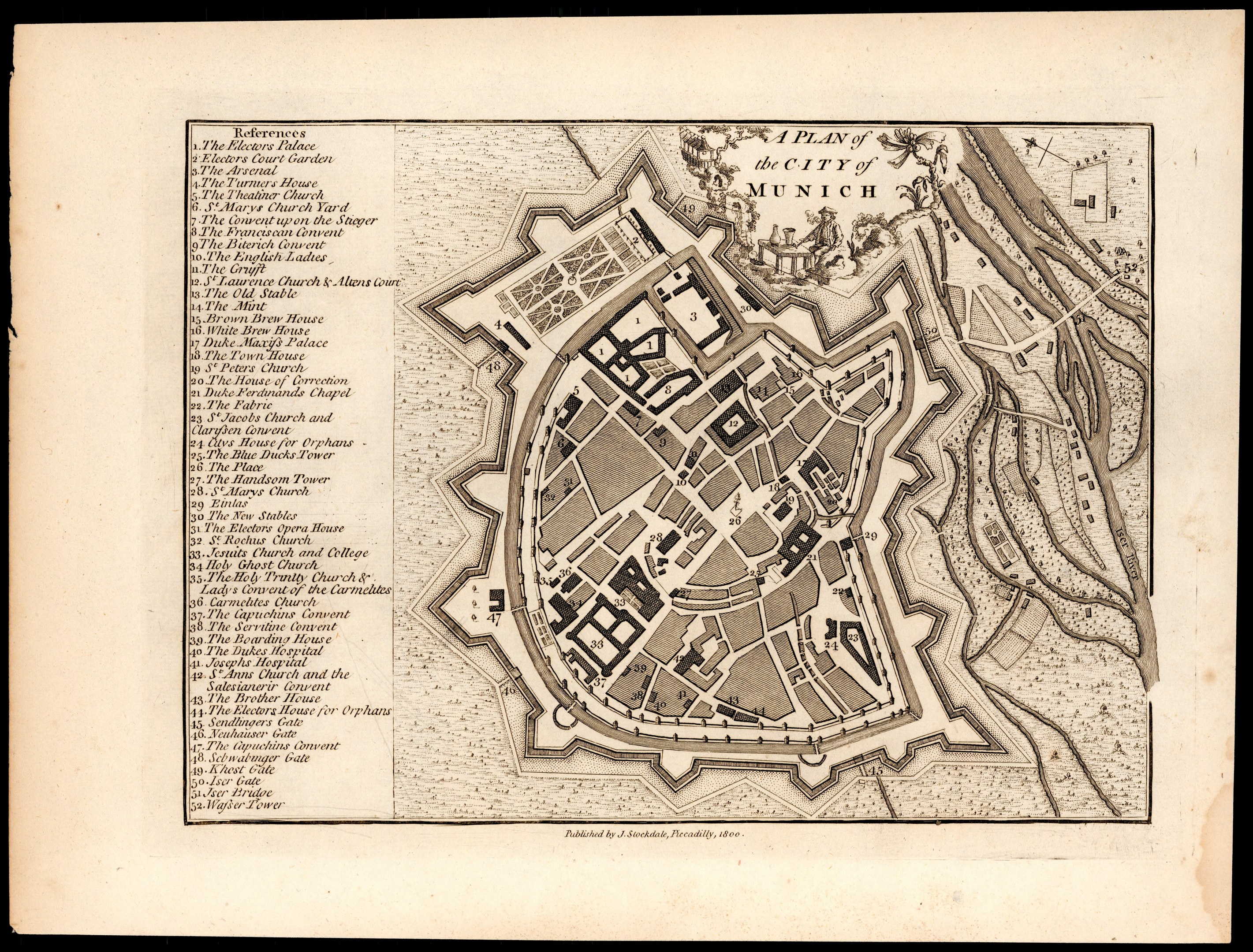 Detailierte alte Karte von München, Deutschland, mit Straßen, Gebäuden und Sehenswürdigkeiten auf schwarzem Hintergrund, begleitet von Textlabels.