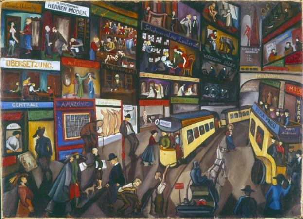 Bild einer belebten Straßenansicht mit Fußgängern, Fahrzeugen, Gebäuden, Ladengeschäften und Schildern.