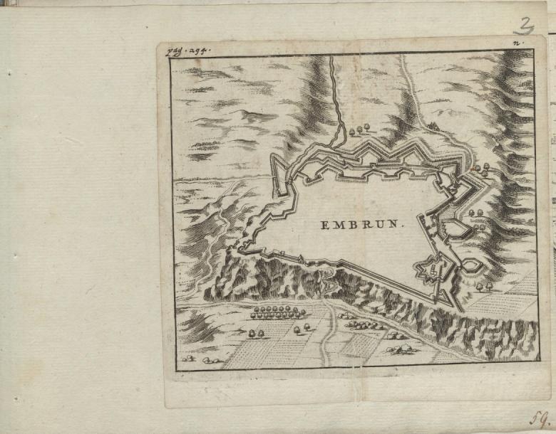 A detailed historical map of Embrun, Germany, printed in an old book alongside accompanying text about the city's history and culture.