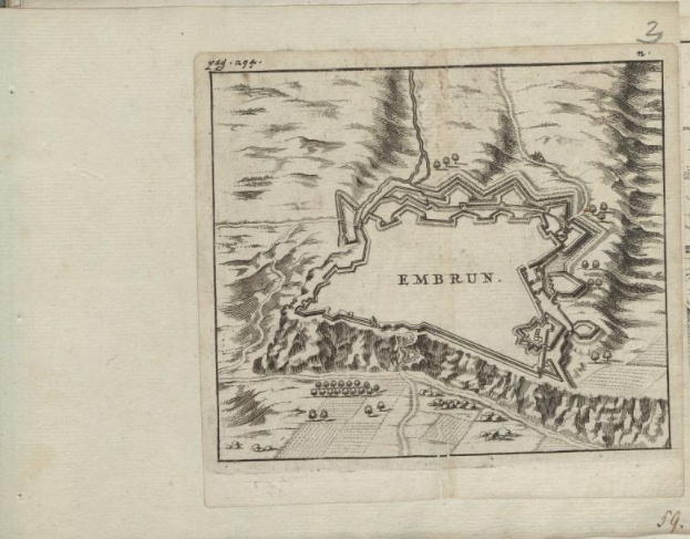 A detailed historical map of Embrun, Germany, printed in an old book alongside accompanying text about the city's history and culture.