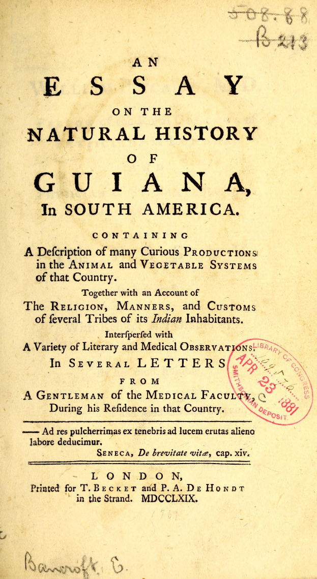 Essay on the natural history of Guiana in South America with handwritten text and a stamp on the right side.