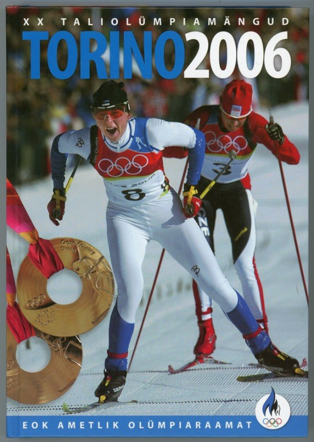 Plakat für die Olympischen Winterspiele 2006 in Turin, Italien, das zwei Skifahrer auf dem Schnee zeigt mit "Turin 2006" oben drauf.