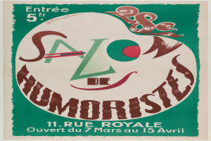 Ein Plakat, das ein Humoristensalon in Paris, Frankreich, bewirbt, mit Text, der das Angebot des Salons beschreibt.