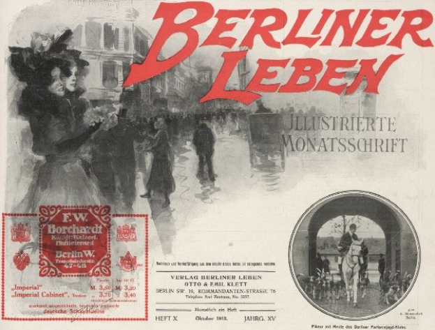 Schwarz-weiß-Anzeige für "Berliner Leben", die eine Gruppe von Menschen in einer Stadt mit hohen Gebäuden und einer Brücke zeigt, mit fetter schwarzer Schrift, die "Berliner Leben" lautet.