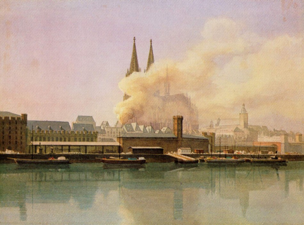 Gemälde einer 19. Jahrhundert-Köln-Stadtlandschaft mit Booten, Gebäuden, Rauch und einem Himmel, betitelt "Cologne, Germany in the 19th century" unten.