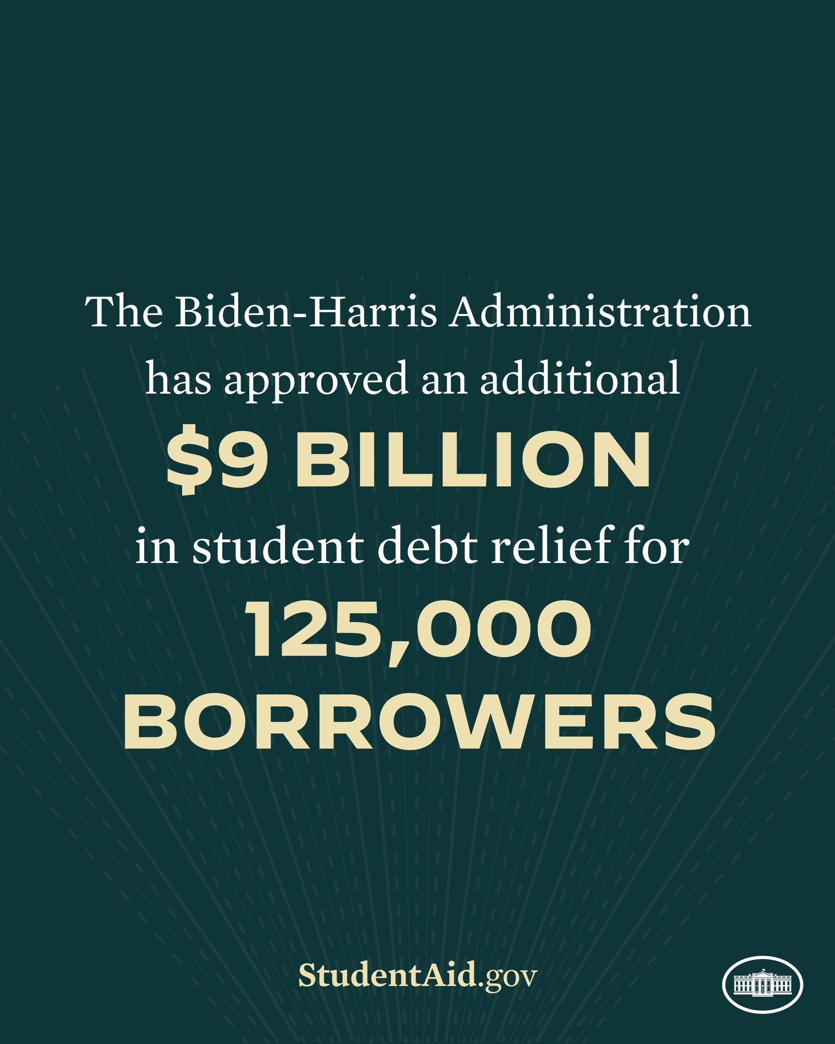 Poster announcing $9 billion in student debt relief for 125,000 borrowers under the Biden-Harris Administration with an official logo at the bottom.