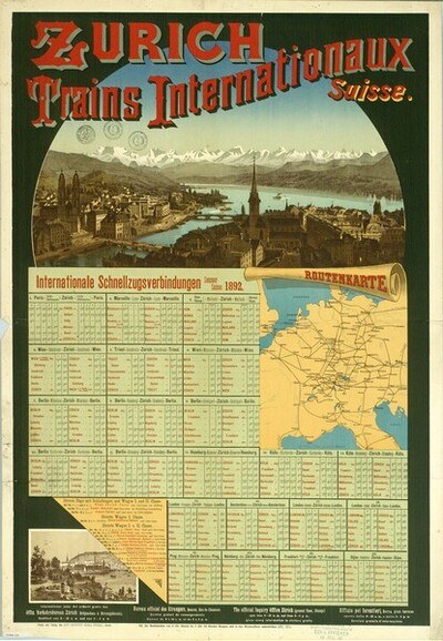 Plakat zur Werbung für die Zürcher S-Bahn mit einer Karte von Zürich, Gebäuden, Wasser, Bergen im Hintergrund und Text.