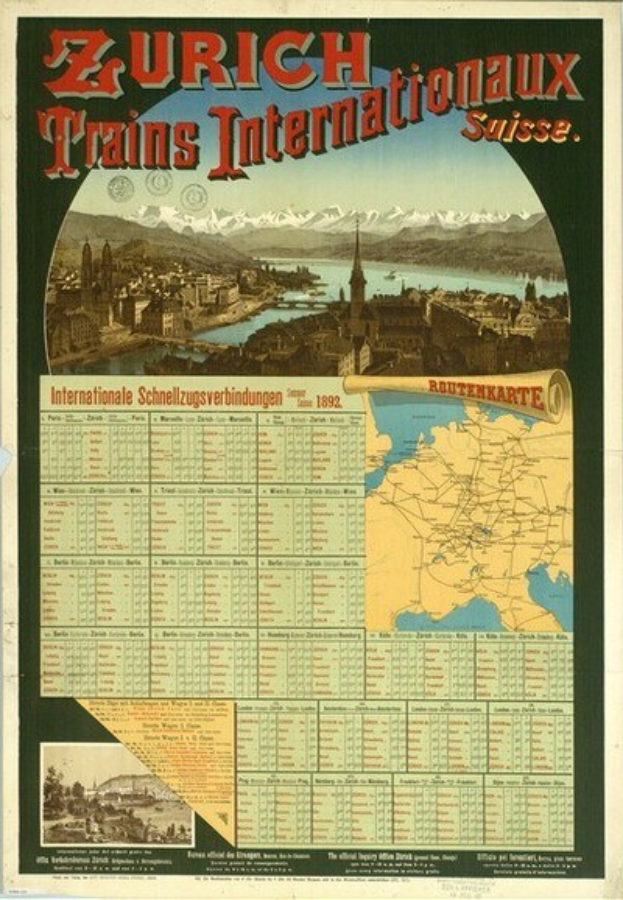 Plakat zur Werbung für die Zürcher S-Bahn mit einer Karte von Zürich, Gebäuden, Wasser, Bergen im Hintergrund und Text.