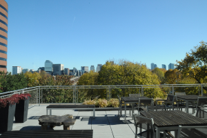 Ein Restaurantinnenraum mit Tischen und Stühlen, einer Pflanze und Blumentopf links, durch Fenster sichtbare Gebäude und Bäume sowie den Himmel oben.
