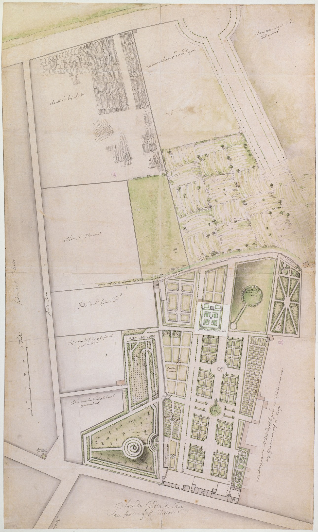 Detailierter Stadtplan auf Papier, der Gebäude, Bäume, Straßen, Parks und Sehenswürdigkeiten zeigt, mit begleitendem Text.
