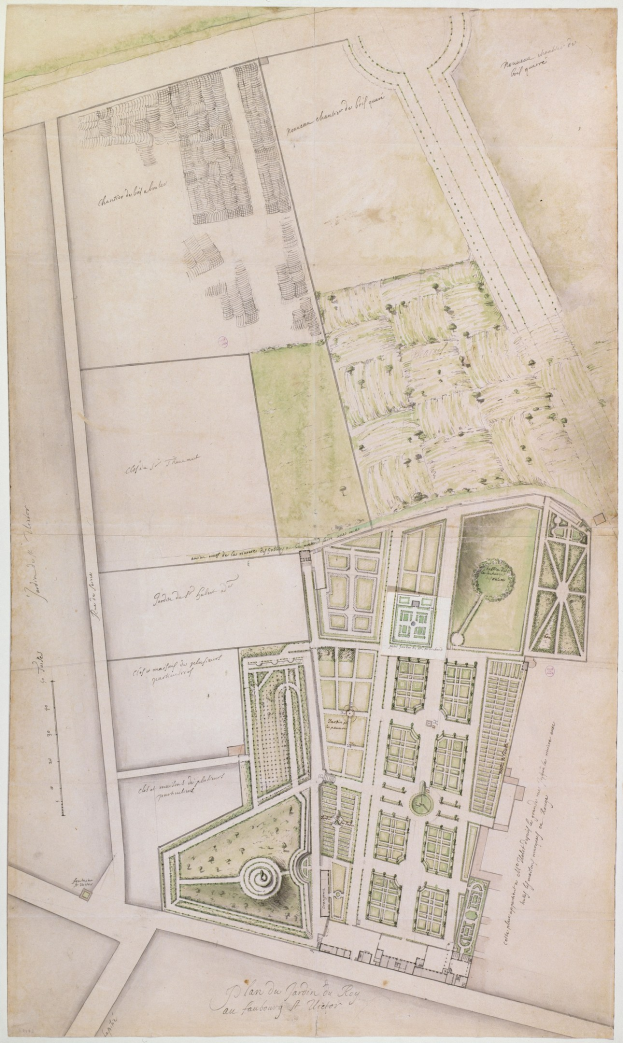 Detailierter Stadtplan auf Papier, der Gebäude, Bäume, Straßen, Parks und Sehenswürdigkeiten zeigt, mit begleitendem Text.